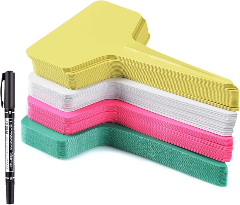 Mihey 100 Pcs Plant Labels with a Gel Pen, T-Type Waterproof Nursery Garden Markers Plastic Plant Tags, Multicolor, 6 x 10cm - Image 1