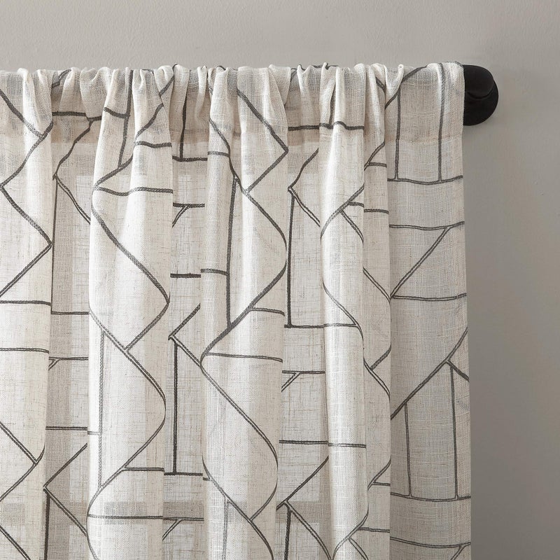 Archaeo Fragmented Geometric Embroidery Mid-Century Modern Natural Linen Blend Curtain, 50" x 95", Gray/Linen - Image 2
