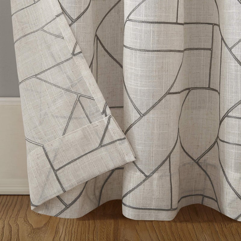 Archaeo Fragmented Geometric Embroidery Mid-Century Modern Natural Linen Blend Curtain, 50" x 95", Gray/Linen - Image 4