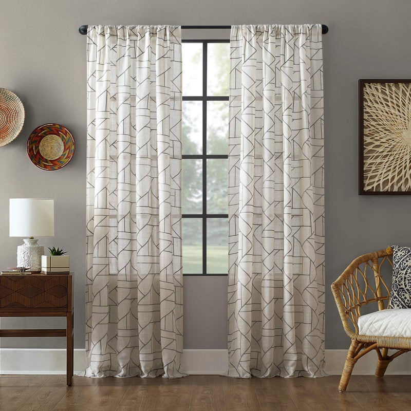 Archaeo Fragmented Geometric Embroidery Mid-Century Modern Natural Linen Blend Curtain, 50" x 95", Gray/Linen - Image 1