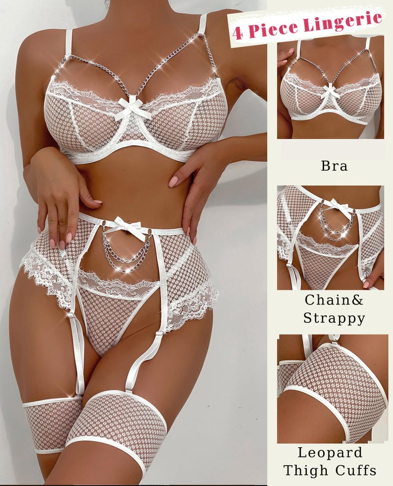 GirlFriend Garter Lingerie Set for Women Net Bikini Lace 4 Piece Sets Chain Bra Lingerie Female Nightgown Babydoll with Panty Garter Belt and Leg Belts White - Image 2