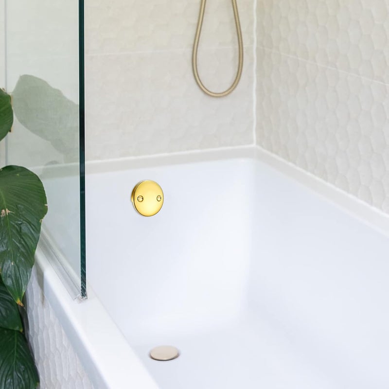 LOWCUS 2 Hole Bathtub Overflow Plate, 3-3/16 Inches Diameter, Polished Brass - Image 2