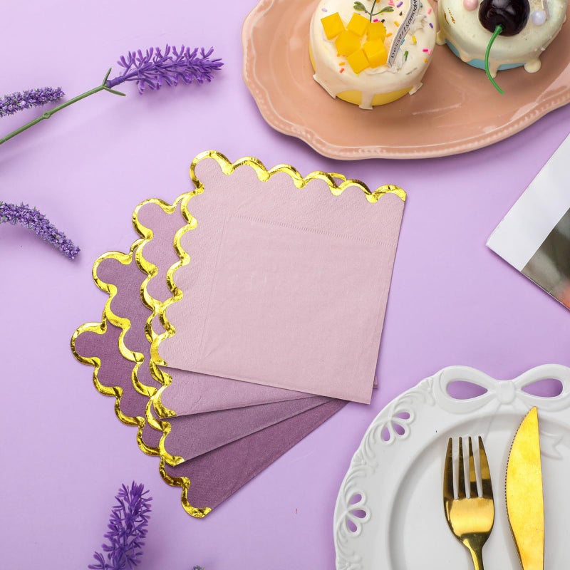 Saypacck 100 Pack Scalloped Cocktail Napkins with Gold Foil Accents Beverage Napkins Scalloped Disposable Paper for Wedding Shower Baby Dinner Birthday Party Supplies 5 x 5''(Purple) - Image 4
