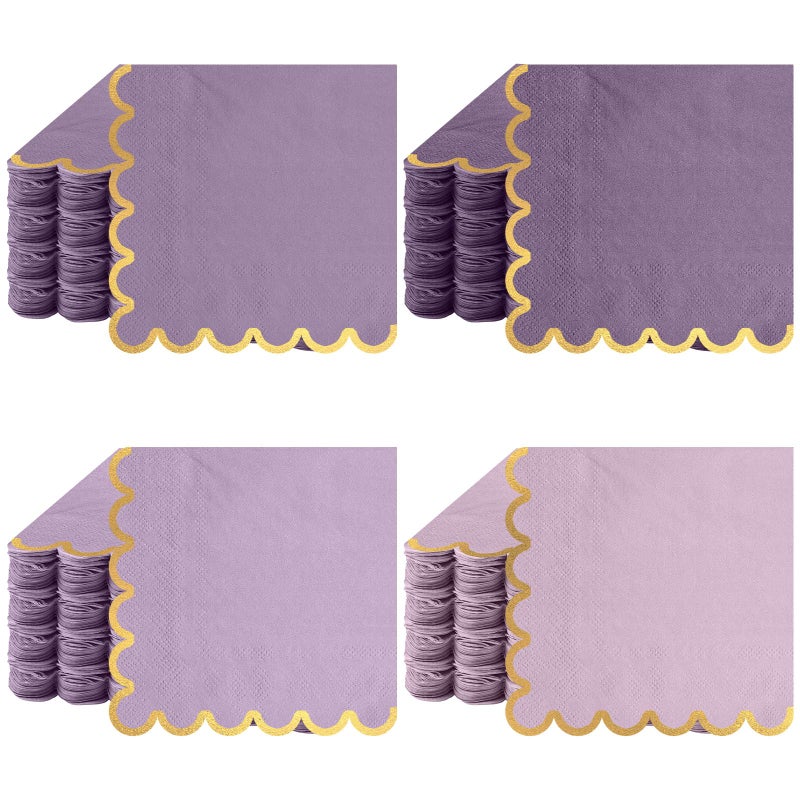 Saypacck 100 Pack Scalloped Cocktail Napkins with Gold Foil Accents Beverage Napkins Scalloped Disposable Paper for Wedding Shower Baby Dinner Birthday Party Supplies 5 x 5''(Purple) - Image 1