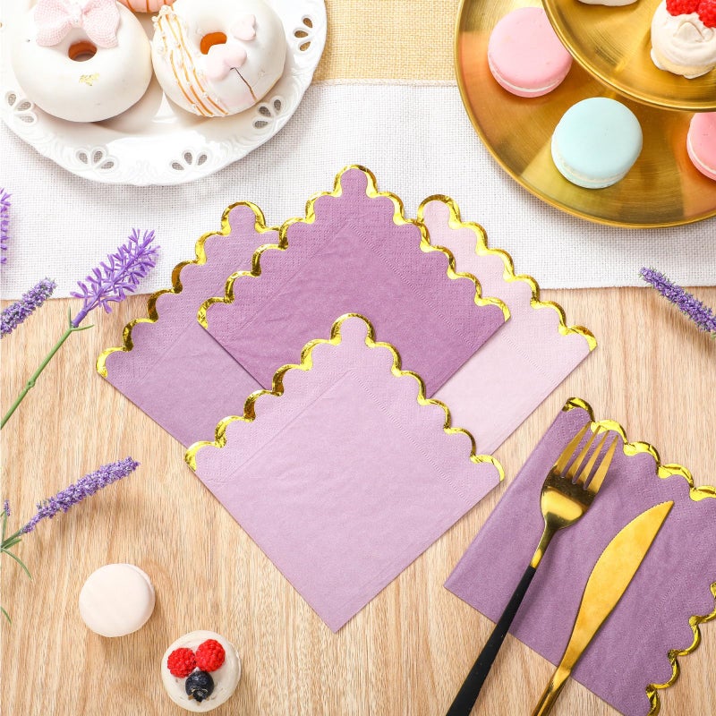Saypacck 100 Pack Scalloped Cocktail Napkins with Gold Foil Accents Beverage Napkins Scalloped Disposable Paper for Wedding Shower Baby Dinner Birthday Party Supplies 5 x 5''(Purple) - Image 3