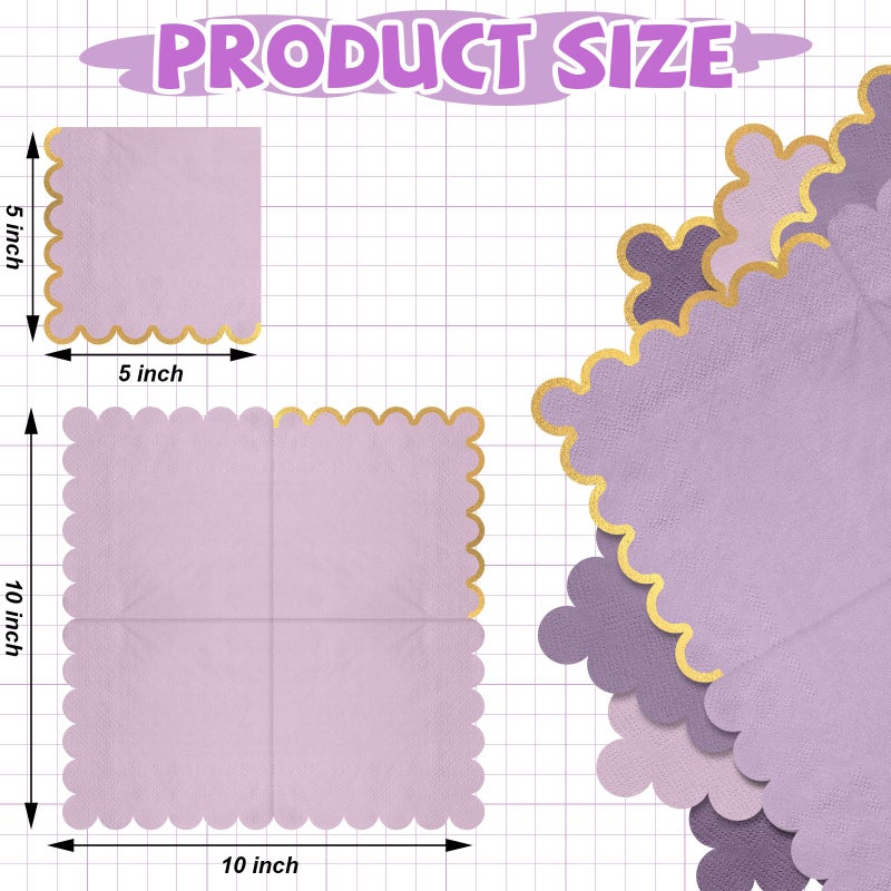 Saypacck 100 Pack Scalloped Cocktail Napkins with Gold Foil Accents Beverage Napkins Scalloped Disposable Paper for Wedding Shower Baby Dinner Birthday Party Supplies 5 x 5''(Purple) - Image 2