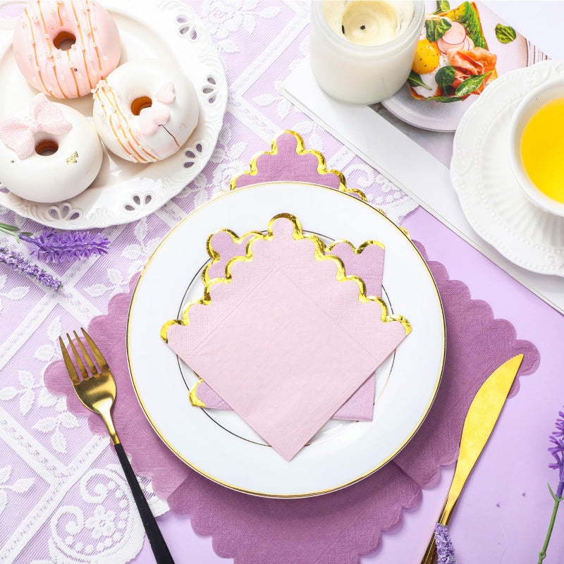 Saypacck 100 Pack Scalloped Cocktail Napkins with Gold Foil Accents Beverage Napkins Scalloped Disposable Paper for Wedding Shower Baby Dinner Birthday Party Supplies 5 x 5''(Purple) - Image 5