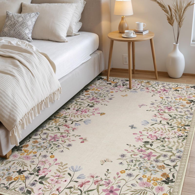 Wonnitar Washable 5x7 Rug for Living Room, Floral Print Large Bedroom Area Rug, Non-Slip Dining Table Throw Mat, Botanical Area Rug Carpet for Entry Basement Dorm (Beige,5'x7') - Image 2