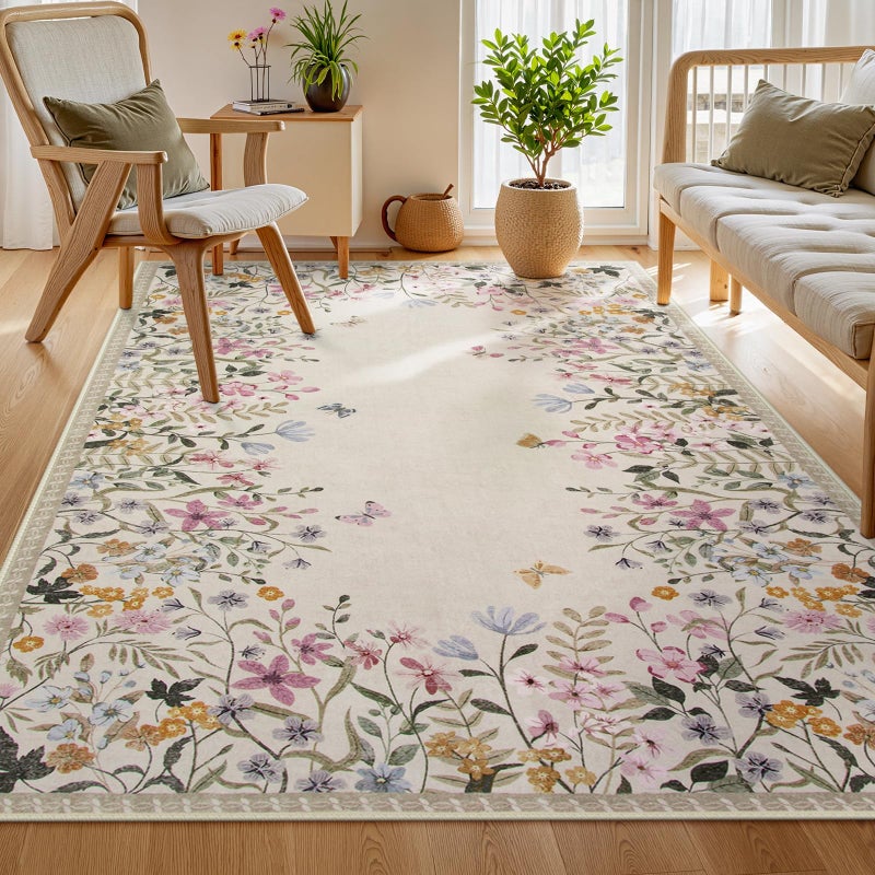 Wonnitar Washable 5x7 Rug for Living Room, Floral Print Large Bedroom Area Rug, Non-Slip Dining Table Throw Mat, Botanical Area Rug Carpet for Entry Basement Dorm (Beige,5'x7') - Image 1