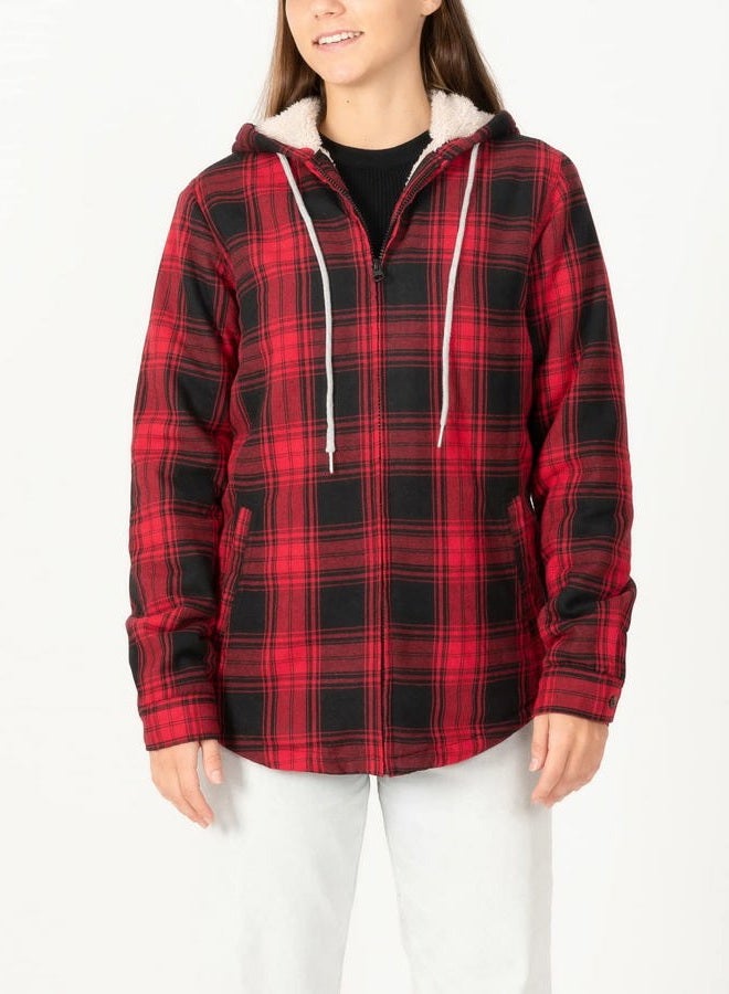 ZENTHACE Womens Hooded Flannel Shirt Jacket Women Sherpa Fleece Lined Flannel Plaid Jackets with Hood Fall Flannel Coat Red M - Image 3
