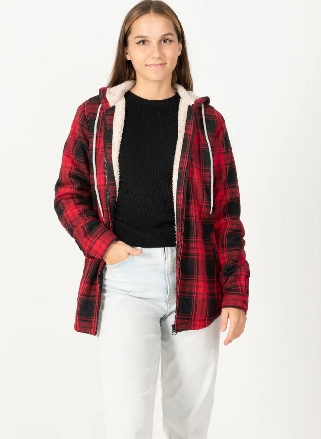 ZENTHACE Womens Hooded Flannel Shirt Jacket Women Sherpa Fleece Lined Flannel Plaid Jackets with Hood Fall Flannel Coat Red M - Image 2