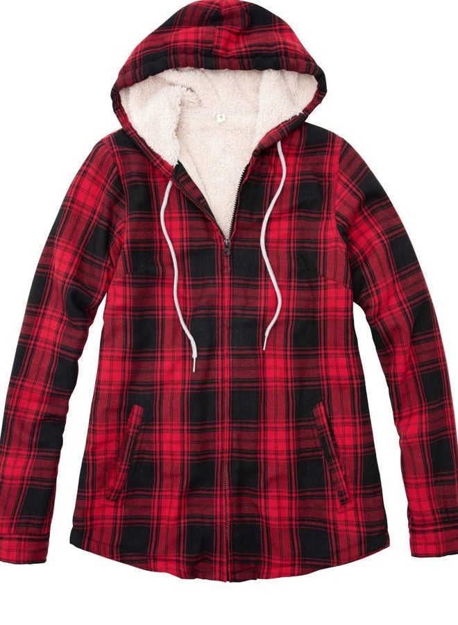 ZENTHACE Womens Hooded Flannel Shirt Jacket Women Sherpa Fleece Lined Flannel Plaid Jackets with Hood Fall Flannel Coat Red M - Image 1