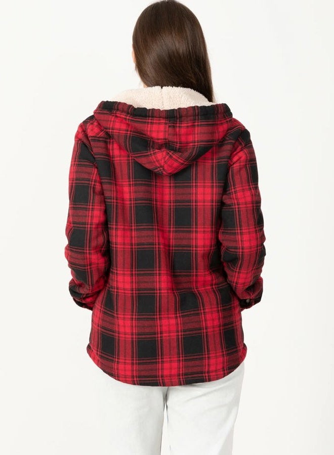 ZENTHACE Womens Hooded Flannel Shirt Jacket Women Sherpa Fleece Lined Flannel Plaid Jackets with Hood Fall Flannel Coat Red M - Image 5