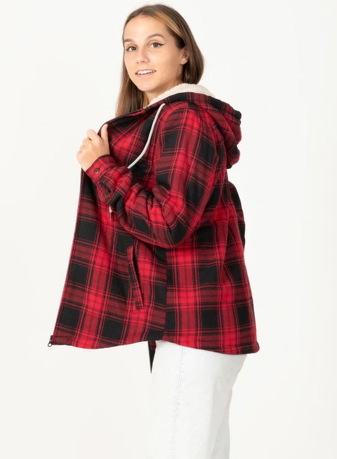 ZENTHACE Womens Hooded Flannel Shirt Jacket Women Sherpa Fleece Lined Flannel Plaid Jackets with Hood Fall Flannel Coat Red M - Image 4