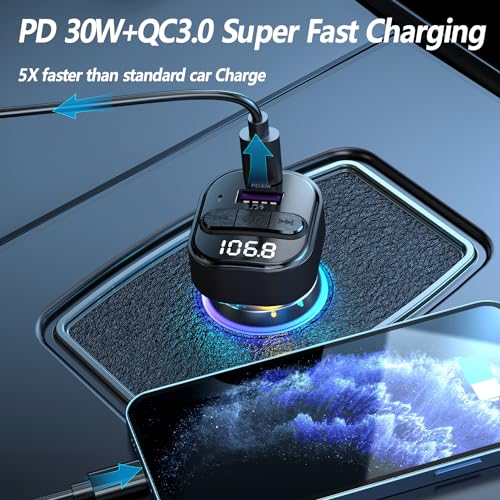 SYENGKKY Bluetooth 5.3 FM Transmitter for Car, Bluetooth Car Adapter with Type-C PD(30W) Charger and QC3.0 USB Port, Wireless FM Radio Transmitter, Support MP3 Player, Handsfree Calling, LED Backlit,U Disk - Image 3