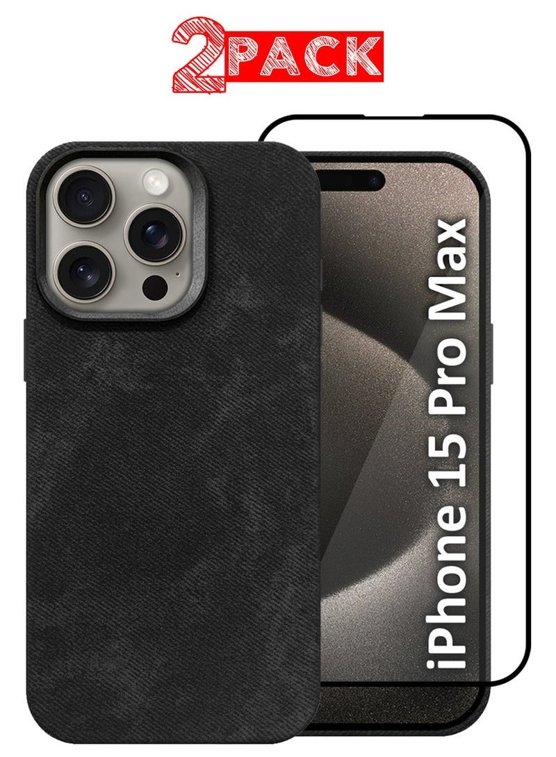 CATANES 2Packs iPhone 15 Pro Max Alcantara Case Cover Premium Quality Luxurious Soft Touch Protection with Metal Camera Frame with a 3D Screen Protector - Black - Image 1