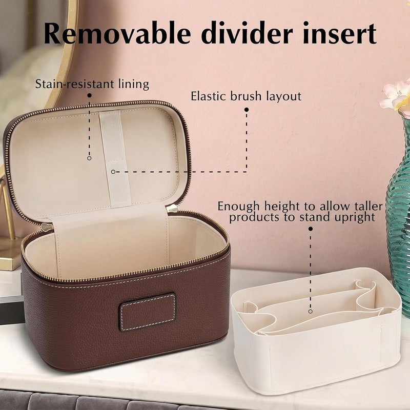 idoltimes Makeup Bag, Cosmetic Case Leather Cosmetic Bag with Removable Divider Waterproof Portable Travel Toiletry Bags Makeup Organizer Case, Brown - Image 3