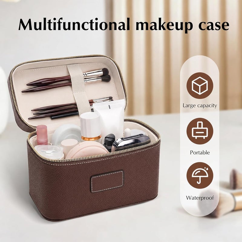 idoltimes Makeup Bag, Cosmetic Case Leather Cosmetic Bag with Removable Divider Waterproof Portable Travel Toiletry Bags Makeup Organizer Case, Brown - Image 4