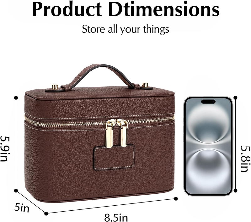 idoltimes Makeup Bag, Cosmetic Case Leather Cosmetic Bag with Removable Divider Waterproof Portable Travel Toiletry Bags Makeup Organizer Case, Brown - Image 2