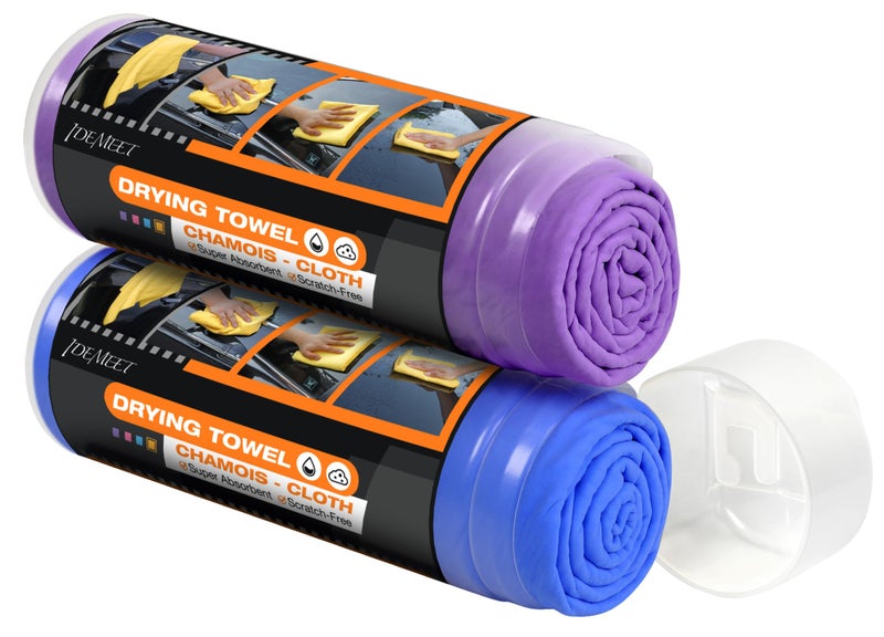 Idemeet Premium Shammy Towel for Car, Super Absorbent 2 Pack 26""x17"" Car Drying Towel, Reusable Soft Car Wash Cloth, Chamois Cloth for Car, Dust Remove, No Scratch/Spot/Streak, Blue & Purple - Image 1