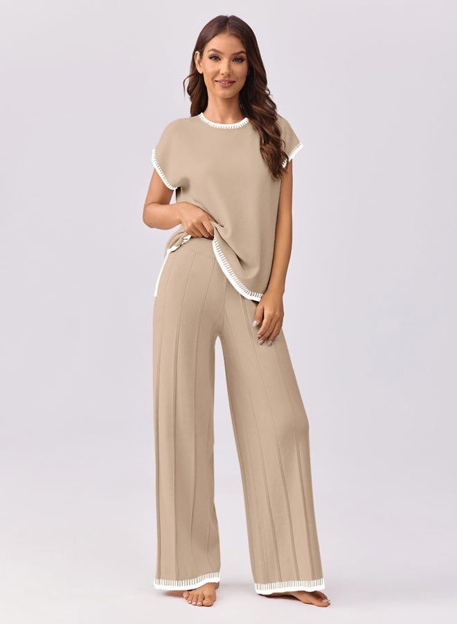 Ekouaer Womens Knit Sweater Sets 2 Piece Outfits Lounge Sets Pullover Tops Wide Legs Pants Matching Sets - Image 4