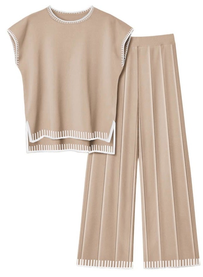 Ekouaer Womens Knit Sweater Sets 2 Piece Outfits Lounge Sets Pullover Tops Wide Legs Pants Matching Sets - Image 1
