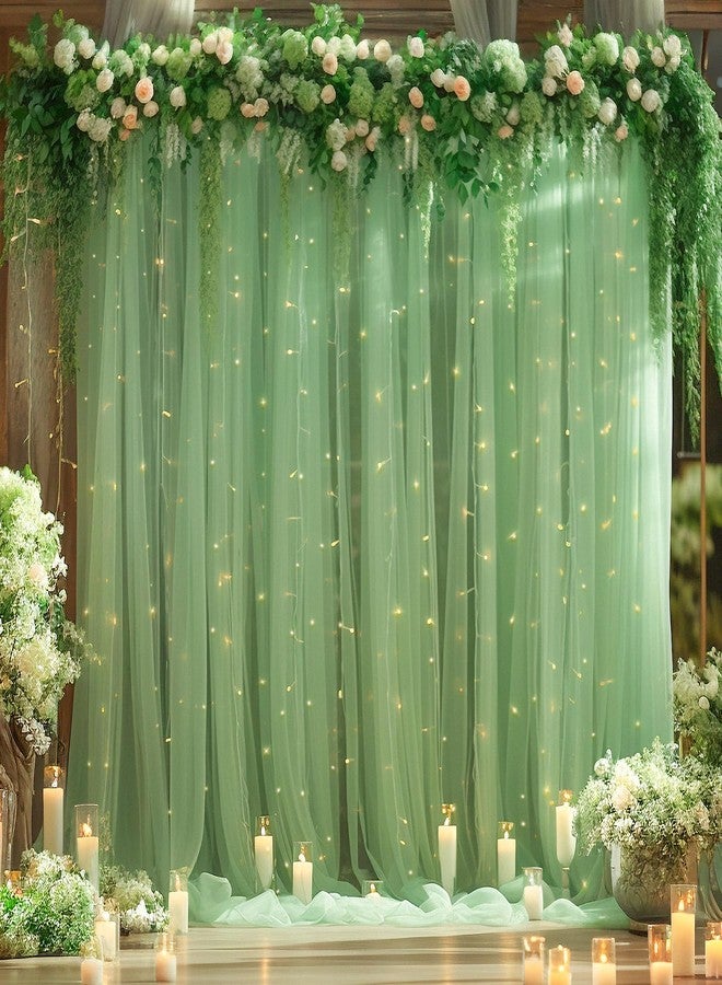 Shillance 10ft x 8ft Green Backdrop Curtain Panels with Lights String for Parties, Sheer Tulle Wedding Backdrop Drapes for Baby Shower Birthday Party Home Decorations - Image 1
