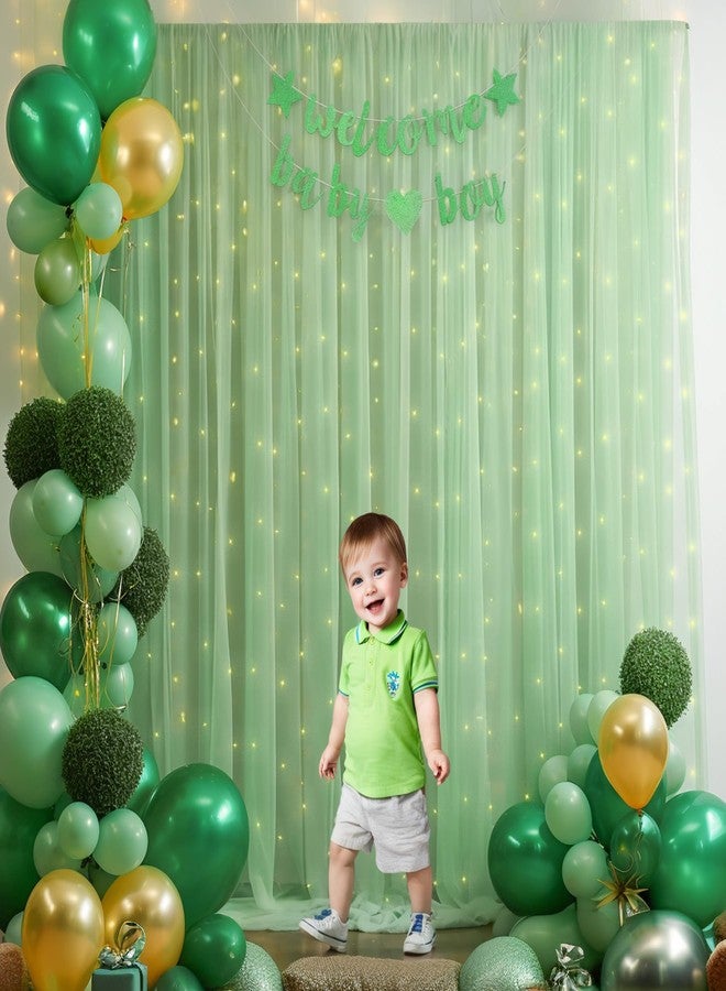 Shillance 10ft x 8ft Green Backdrop Curtain Panels with Lights String for Parties, Sheer Tulle Wedding Backdrop Drapes for Baby Shower Birthday Party Home Decorations - Image 5