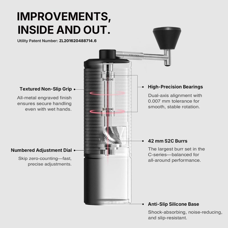 TIMEMORE C5 Pro Manual Coffee Grinder with S2C-042-III Conical Burr, 0.031mm Precision Adjustment, All-Metal Portable Hand Coffee Mill for Espresso/French Press/Pour Over - Black - Image 3