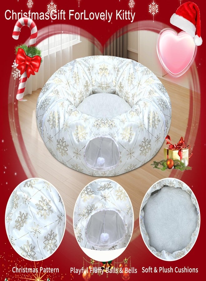 LUCKITTY Plush Snowflake Pattern Cat Tunnel Bed Under Christmas Tree with Premium Gold Foil & Hanging Plush Ball, 10-Inch Diameter 3-Ft Wide Round - Divert Cats from Decor White Color - Image 5