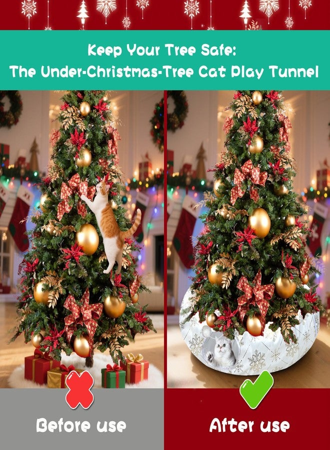 LUCKITTY Plush Snowflake Pattern Cat Tunnel Bed Under Christmas Tree with Premium Gold Foil & Hanging Plush Ball, 10-Inch Diameter 3-Ft Wide Round - Divert Cats from Decor White Color - Image 2