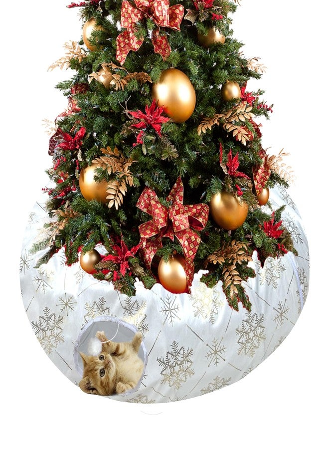 LUCKITTY Plush Snowflake Pattern Cat Tunnel Bed Under Christmas Tree with Premium Gold Foil & Hanging Plush Ball, 10-Inch Diameter 3-Ft Wide Round - Divert Cats from Decor White Color - Image 1