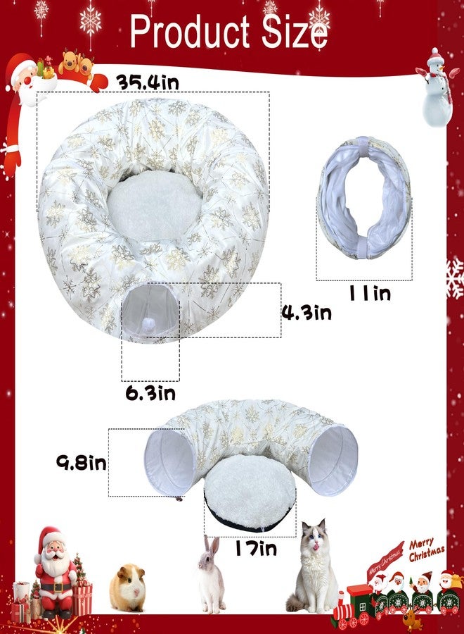 LUCKITTY Plush Snowflake Pattern Cat Tunnel Bed Under Christmas Tree with Premium Gold Foil & Hanging Plush Ball, 10-Inch Diameter 3-Ft Wide Round - Divert Cats from Decor White Color - Image 3