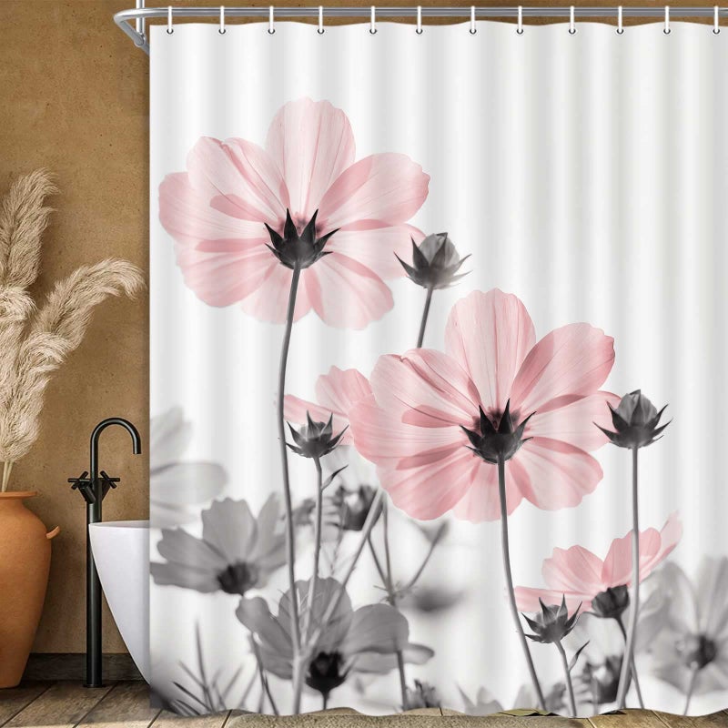 MERCHR Unique Floral Pink Shower Curtain for Bathroom Decor  Pink and Grey Daisy Flower Elegant Wildflower Design Farmhouse Shower Curtains with Hooks Set  71 X 71 Inches - Image 3