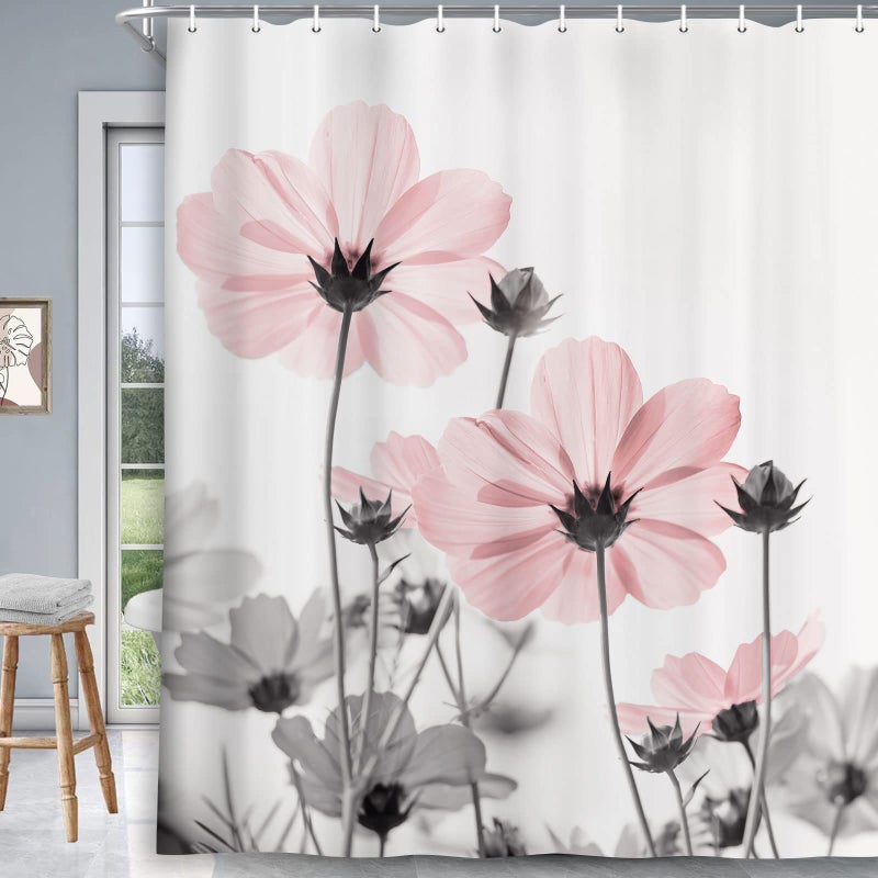 MERCHR Unique Floral Pink Shower Curtain for Bathroom Decor  Pink and Grey Daisy Flower Elegant Wildflower Design Farmhouse Shower Curtains with Hooks Set  71 X 71 Inches - Image 4