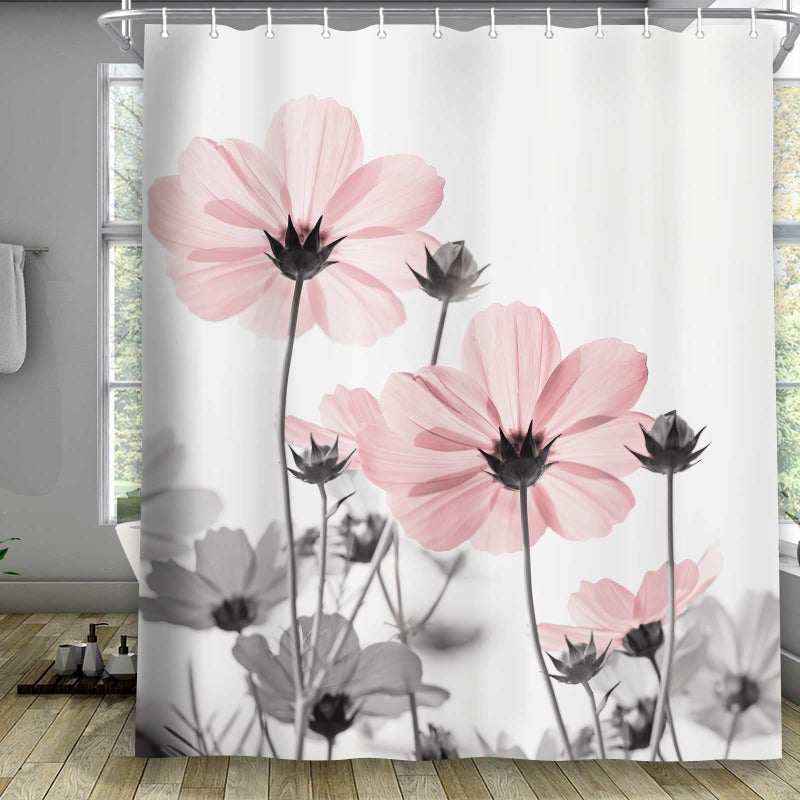 MERCHR Unique Floral Pink Shower Curtain for Bathroom Decor  Pink and Grey Daisy Flower Elegant Wildflower Design Farmhouse Shower Curtains with Hooks Set  71 X 71 Inches - Image 2