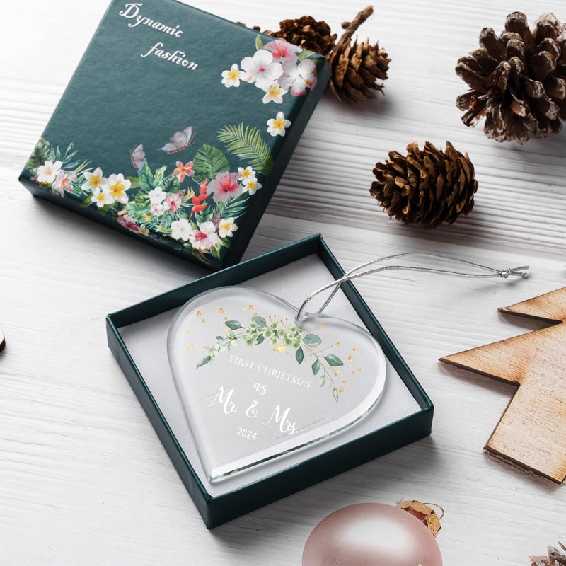 JUOOE Wedding Gifts for Couple Christmas Ornaments Tree Hanging Decoration Newlywed Married Christmas 2023 Our First Christmas as Mr and Mrs Ornament Glass Green Leaves