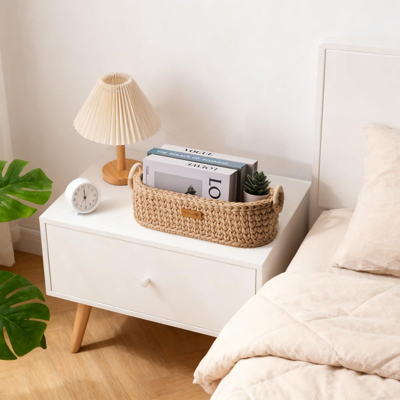 Mokof Handwoven Toilet Paper Storage Basket with Wooden Base & Handles - Boho Modern Decor Organizer for Bathroom, Bedroom, Nursery Shelf (Brown) - Image 5