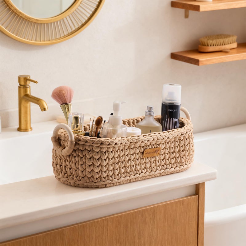 Mokof Handwoven Toilet Paper Storage Basket with Wooden Base & Handles - Boho Modern Decor Organizer for Bathroom, Bedroom, Nursery Shelf (Brown) - Image 3