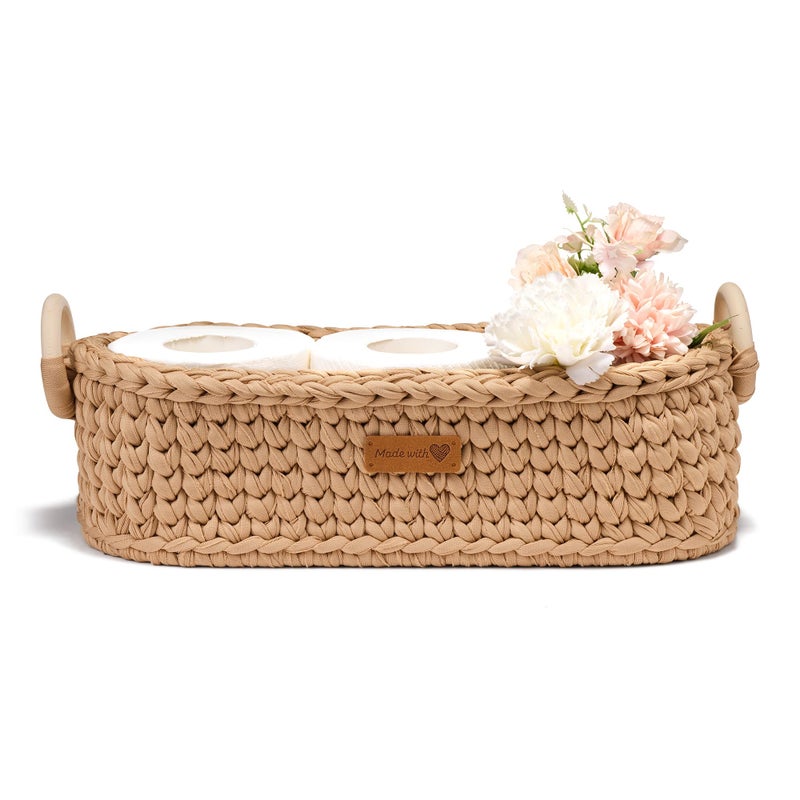 Mokof Handwoven Toilet Paper Storage Basket with Wooden Base & Handles - Boho Modern Decor Organizer for Bathroom, Bedroom, Nursery Shelf (Brown) - Image 1
