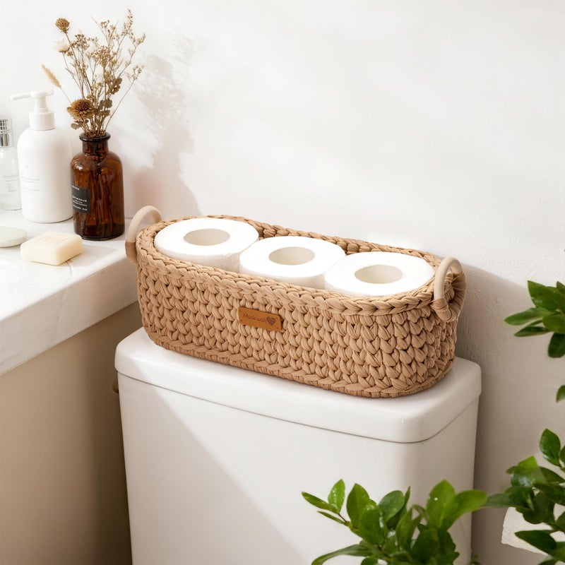 Mokof Handwoven Toilet Paper Storage Basket with Wooden Base & Handles - Boho Modern Decor Organizer for Bathroom, Bedroom, Nursery Shelf (Brown) - Image 2