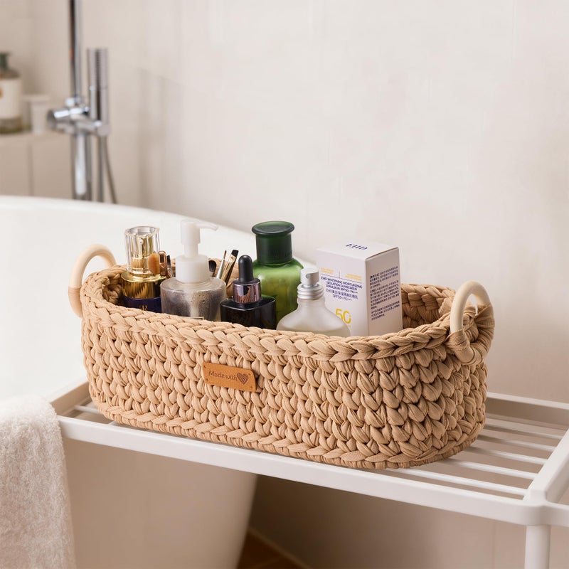 Mokof Handwoven Toilet Paper Storage Basket with Wooden Base & Handles - Boho Modern Decor Organizer for Bathroom, Bedroom, Nursery Shelf (Brown) - Image 4