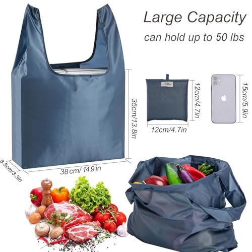 CiCiGo Large Reusable Bags Shopping Washable Foldable 6 Pack Grocery Bags Heavy Duty Lightweight Folding Gift Tote Bags Durable Polyester Gray - Image 3