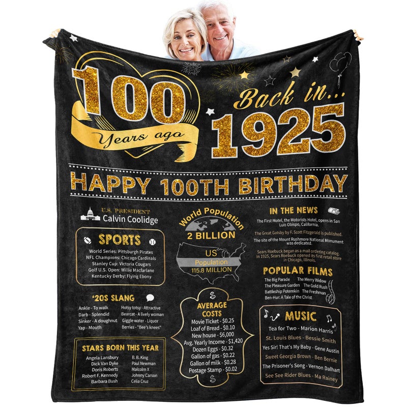 Birthday Gifts for 100 Year Old Woman 100th Birthday Gifts for Women Men 100th Birthday Gift Ideas Throw Blanket 60x50 Inch Happy 100th Birthday Decorations for Women Men 1925 Birthday Gifts