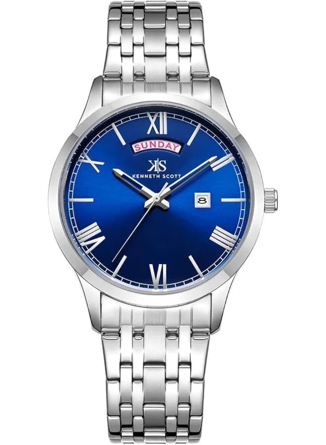 KENNETH SCOTT Kenneth Scott Men's Quartz Movement Watch, Analog Display and Stainless Steel Strap - K22014-SBSN, Silver