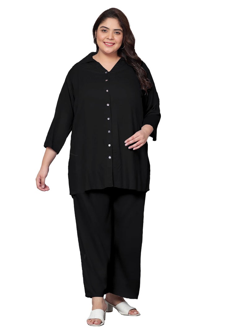 Indietoga Women Rayon Plus Size Longline Shirt and Trouser Co-Ords Set With Pockets (P10001457_Black Solid_7XL) - Image 1