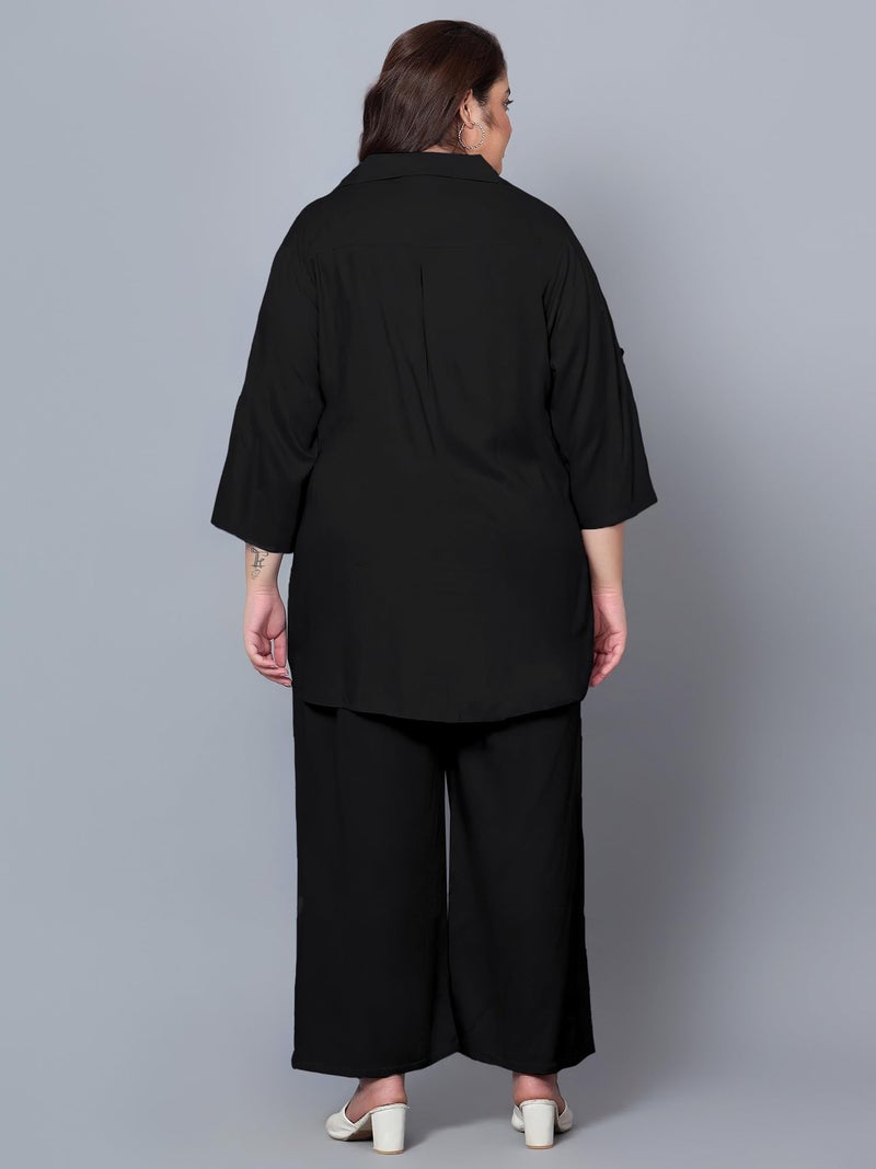 Indietoga Women Rayon Plus Size Longline Shirt and Trouser Co-Ords Set With Pockets (P10001457_Black Solid_7XL) - Image 4