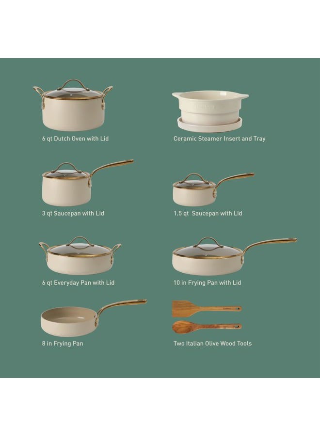 bloomhouse - Oprah's Favorite Things - 15 Piece Pots and Pans Heavy Duty Aluminum Premium PFA Free Ceramic Nonstick Cookware Set - Almond Cream w/Gold Handle - Image 3