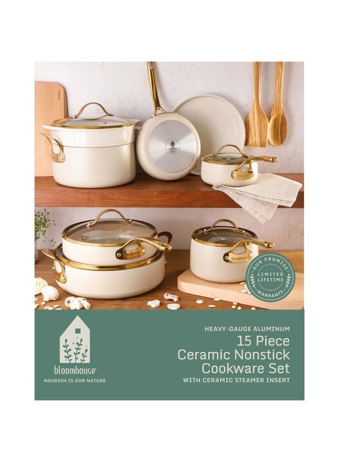 bloomhouse - Oprah's Favorite Things - 15 Piece Pots and Pans Heavy Duty Aluminum Premium PFA Free Ceramic Nonstick Cookware Set - Almond Cream w/Gold Handle - Image 2