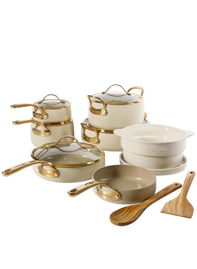 bloomhouse - Oprah's Favorite Things - 15 Piece Pots and Pans Heavy Duty Aluminum Premium PFA Free Ceramic Nonstick Cookware Set - Almond Cream w/Gold Handle - Image 1